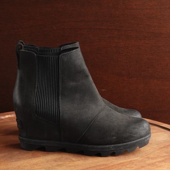 Sorel Boots WMS SZ 7.5 BLK Joan Rhapsody Wedge Leather Waterproof Ankle Pull On - Picture 1 of 15